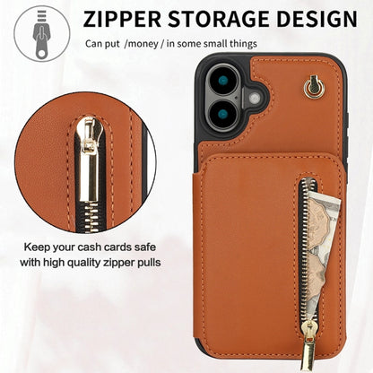 For iPhone 16 YM006 Skin Feel Zipper Card Bag Phone Case with Dual Lanyard(Brown) - iPhone 16 Cases by PMC Jewellery | Online Shopping South Africa | PMC Jewellery | Buy Now Pay Later Mobicred