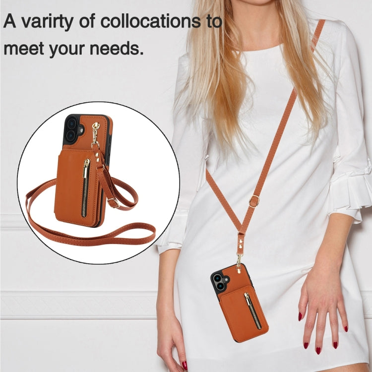 For iPhone 16 YM006 Skin Feel Zipper Card Bag Phone Case with Dual Lanyard(Brown) - iPhone 16 Cases by PMC Jewellery | Online Shopping South Africa | PMC Jewellery | Buy Now Pay Later Mobicred