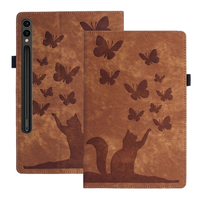 For Samsung Galaxy Tab S9 Ultra / S8 Ultra Butterfly Cat Embossing Leather Tablet Case(Brown) - Galaxy Tab S9 Ultra Cases by PMC Jewellery | Online Shopping South Africa | PMC Jewellery | Buy Now Pay Later Mobicred