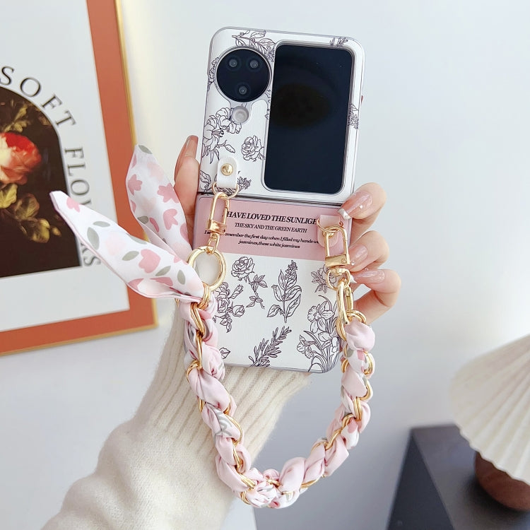For OPPO Find N3 Flip Pearlescent Paint Painted PC Phone Case with DIY Scarf Bracelet(Sketch Flower) - Find N3 Flip Cases by PMC Jewellery | Online Shopping South Africa | PMC Jewellery