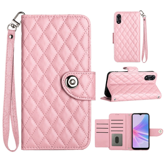 For OPPO A78 5G / A58 5G Rhombic Texture Flip Leather Phone Case with Lanyard(Pink) - OPPO Cases by PMC Jewellery | Online Shopping South Africa | PMC Jewellery