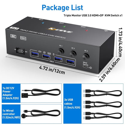 KC-KVM303DH 8K 60Hz USB3.0 DP+DP+HDMI Triple Monitors KVM Switch(US Plug) - Switch by PMC Jewellery | Online Shopping South Africa | PMC Jewellery | Buy Now Pay Later Mobicred