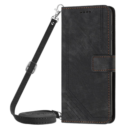 For Motorola Moto G Stylus 5G 2024 Skin Feel Stripe Pattern Leather Phone Case with Long Lanyard(Black) - Motorola Cases by PMC Jewellery | Online Shopping South Africa | PMC Jewellery | Buy Now Pay Later Mobicred