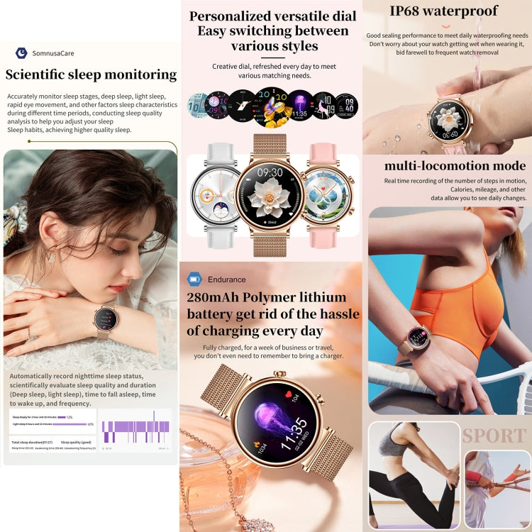 T86 Woman Health 1.27 inch Smart Watch, BT Call / Physiological Cycle / Heart Rate / Blood Pressure / Blood Glucose / SOS(Rose Gold Steel Band) - Smart Wristbands by PMC Jewellery | Online Shopping South Africa | PMC Jewellery