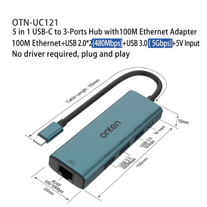 Onten UC121 5 in 1 USB-C / Type-C to USB 3.0 HUB with 5V Input & 100Mbps Network Card - USB HUB by Onten | Online Shopping South Africa | PMC Jewellery | Buy Now Pay Later Mobicred