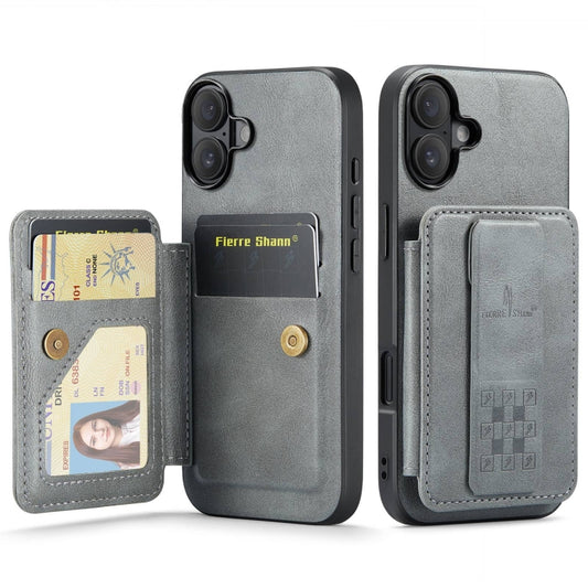 For iPhone 16 Fierre Shann Oil Wax Cow Leather Card Holder Back Phone Case(Grey) - iPhone 16 Cases by FIERRE SHANN | Online Shopping South Africa | PMC Jewellery | Buy Now Pay Later Mobicred