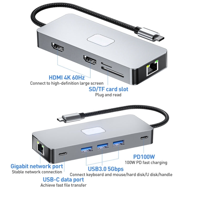 BYL-2315 10 in 1 Type-C to PD100W + USB3.0 + HDMI + RJ45 + SD/TF HUB Docking Station(Space Grey) - USB HUB by PMC Jewellery | Online Shopping South Africa | PMC Jewellery | Buy Now Pay Later Mobicred