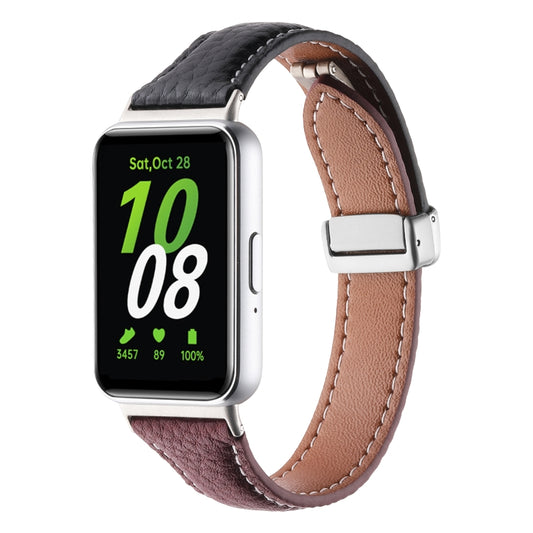 For Samsung Galaxy Fit 3 Litchi Texture Magnetic Buckle Slim Leather Watch Band(Black+Rose Gold) - Watch Bands by PMC Jewellery | Online Shopping South Africa | PMC Jewellery