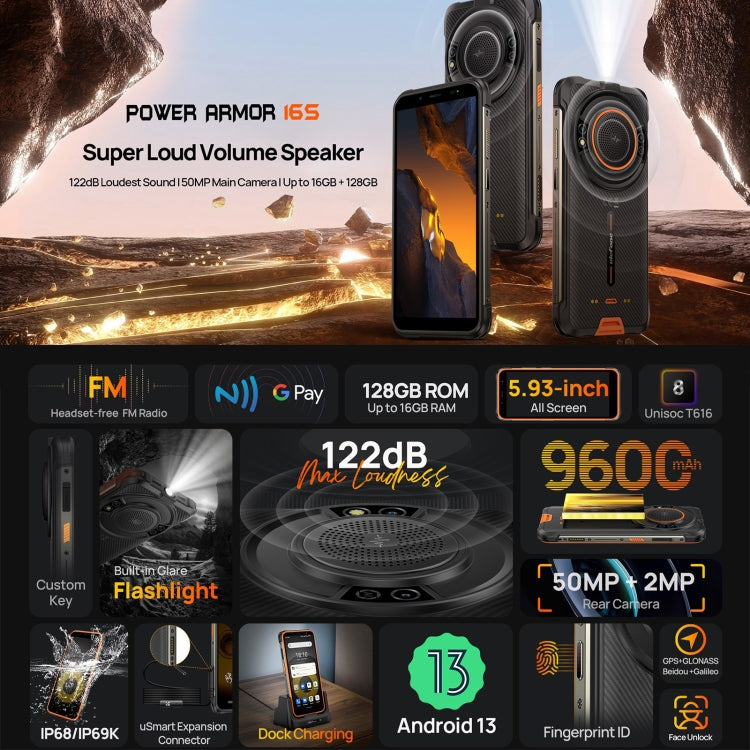 [HK Warehouse] Ulefone Power Armor 16S Rugged Phone, 8GB+128GB, 9600mAh Battery, Side Fingerprint, 5.93 inch Android 13 Unisoc T616 Octa Core up to 2.0GHz, Network: 4G, NFC, OTG(Orange) - Ulefone by Ulefone | Online Shopping South Africa | PMC Jewellery