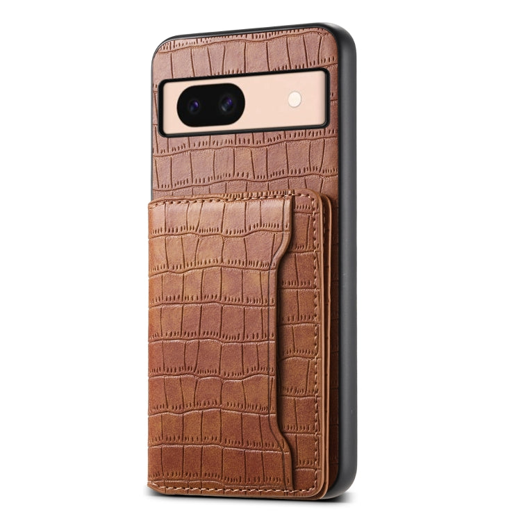 For Google Pixel 8a Crocodile Texture Card Bag Design Full Coverage Phone Case(Brown) - Google Cases by PMC Jewellery | Online Shopping South Africa | PMC Jewellery | Buy Now Pay Later Mobicred