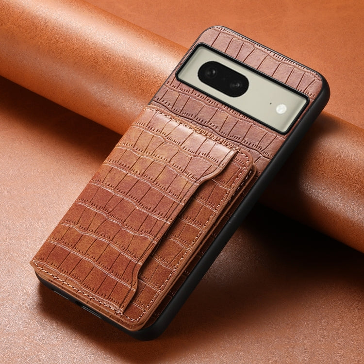 For Google Pixel 8 Crocodile Texture Card Bag Design Full Coverage Phone Case(Brown) - Google Cases by PMC Jewellery | Online Shopping South Africa | PMC Jewellery | Buy Now Pay Later Mobicred