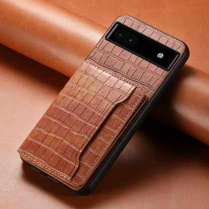 For Google Pixel 6a Crocodile Texture Card Bag Design Full Coverage Phone Case(Brown) - Google Cases by PMC Jewellery | Online Shopping South Africa | PMC Jewellery | Buy Now Pay Later Mobicred