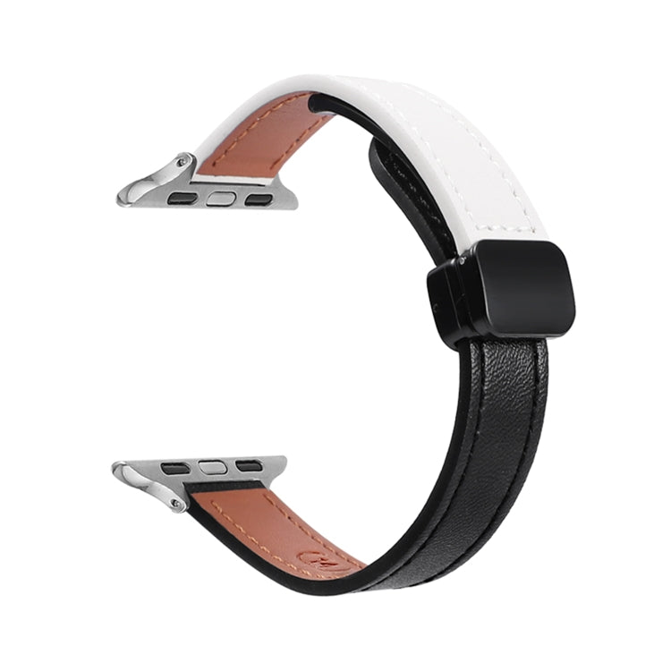 For Apple Watch SE 2023 40mm Slim Magnetic Buckle Genuine Leather Watch Band(Plain Black Beige) - Watch Bands by PMC Jewellery | Online Shopping South Africa | PMC Jewellery