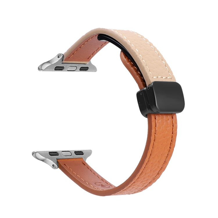 For Apple Watch Ultra 2 49mm Slim Magnetic Buckle Genuine Leather Watch Band(Litchi Orange Apricot) - Watch Bands by PMC Jewellery | Online Shopping South Africa | PMC Jewellery