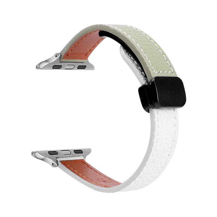 For Apple Watch Ultra 2 49mm Slim Magnetic Buckle Genuine Leather Watch Band(Litchi Beige Green) - Watch Bands by PMC Jewellery | Online Shopping South Africa | PMC Jewellery