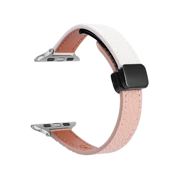 For Apple Watch Ultra 2 49mm Slim Magnetic Buckle Genuine Leather Watch Band(Litchi Pink Beige) - Watch Bands by PMC Jewellery | Online Shopping South Africa | PMC Jewellery