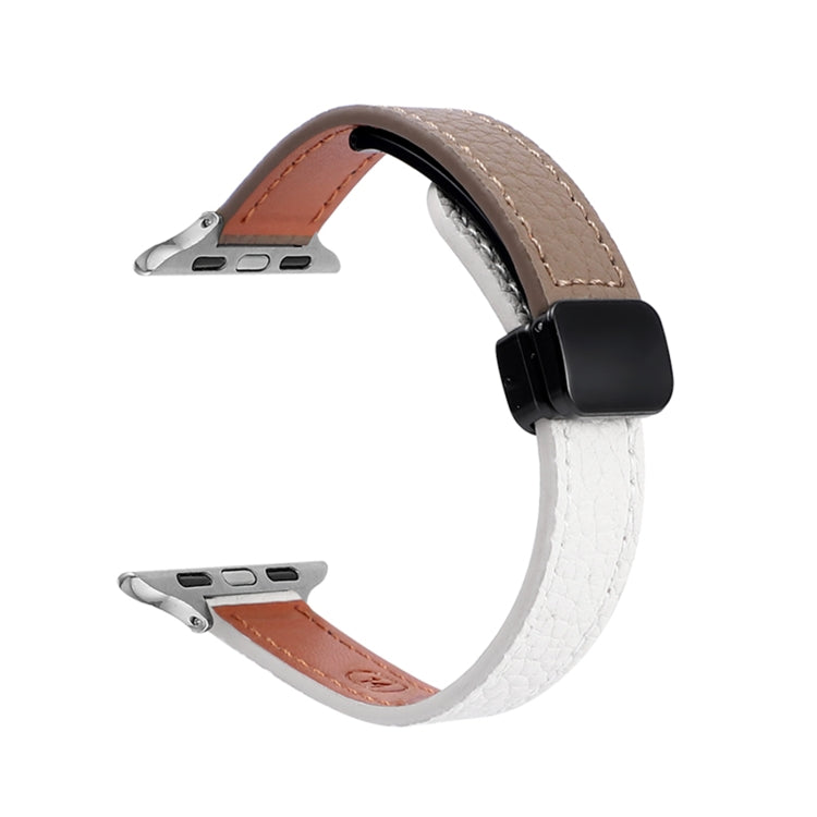 For Apple Watch Ultra 2 49mm Slim Magnetic Buckle Genuine Leather Watch Band(Litchi Beige Coffee) - Watch Bands by PMC Jewellery | Online Shopping South Africa | PMC Jewellery