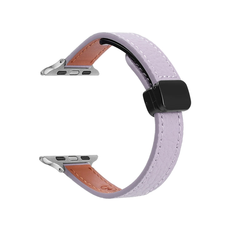 For Apple Watch Series 9 45mm Slim Magnetic Buckle Genuine Leather Watch Band(Litchi Lavender) - Watch Bands by PMC Jewellery | Online Shopping South Africa | PMC Jewellery