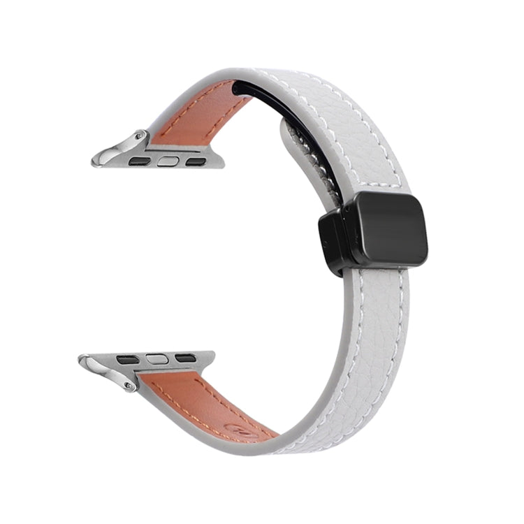 For Apple Watch Series 9 41mm Slim Magnetic Buckle Genuine Leather Watch Band(Litchi Grey) - Watch Bands by PMC Jewellery | Online Shopping South Africa | PMC Jewellery