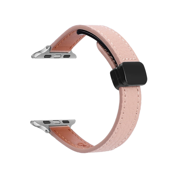 For Apple Watch Series 9 41mm Slim Magnetic Buckle Genuine Leather Watch Band(Litchi Pink) - Watch Bands by PMC Jewellery | Online Shopping South Africa | PMC Jewellery