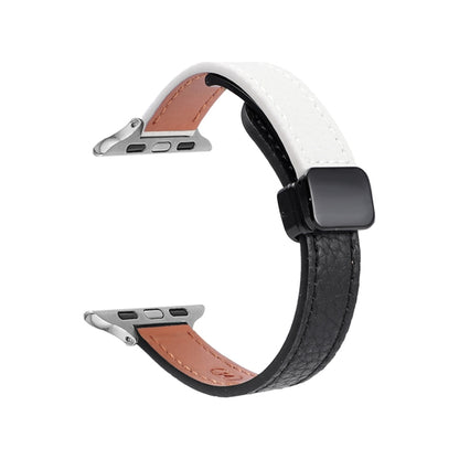 For Apple Watch Series 9 41mm Slim Magnetic Buckle Genuine Leather Watch Band(Litchi Black Beige) - Watch Bands by PMC Jewellery | Online Shopping South Africa | PMC Jewellery