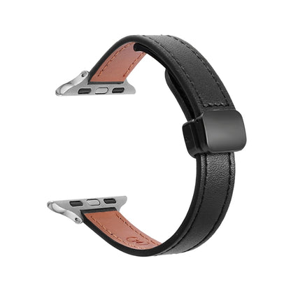 For Apple Watch Ultra 49mm Slim Magnetic Buckle Genuine Leather Watch Band(Plain Black) - Watch Bands by PMC Jewellery | Online Shopping South Africa | PMC Jewellery