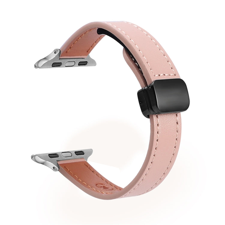 For Apple Watch Series 8 41mm Slim Magnetic Buckle Genuine Leather Watch Band(Plain Pink) - Watch Bands by PMC Jewellery | Online Shopping South Africa | PMC Jewellery