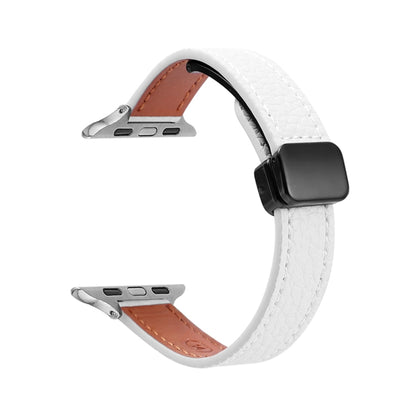 For Apple Watch Series 8 41mm Slim Magnetic Buckle Genuine Leather Watch Band(Litchi Beige) - Watch Bands by PMC Jewellery | Online Shopping South Africa | PMC Jewellery