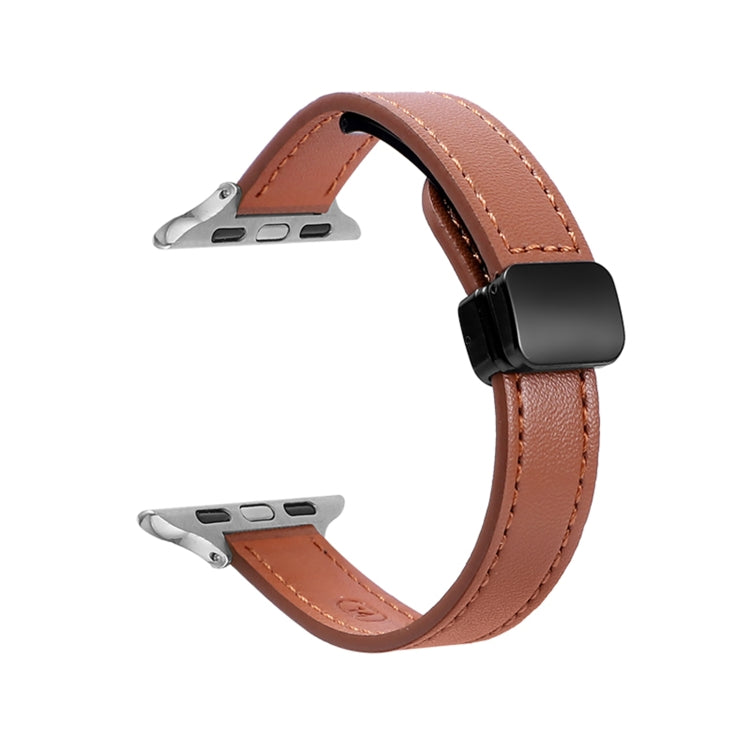 For Apple Watch Series 8 45mm Slim Magnetic Buckle Genuine Leather Watch Band(Plain Brown) - Watch Bands by PMC Jewellery | Online Shopping South Africa | PMC Jewellery