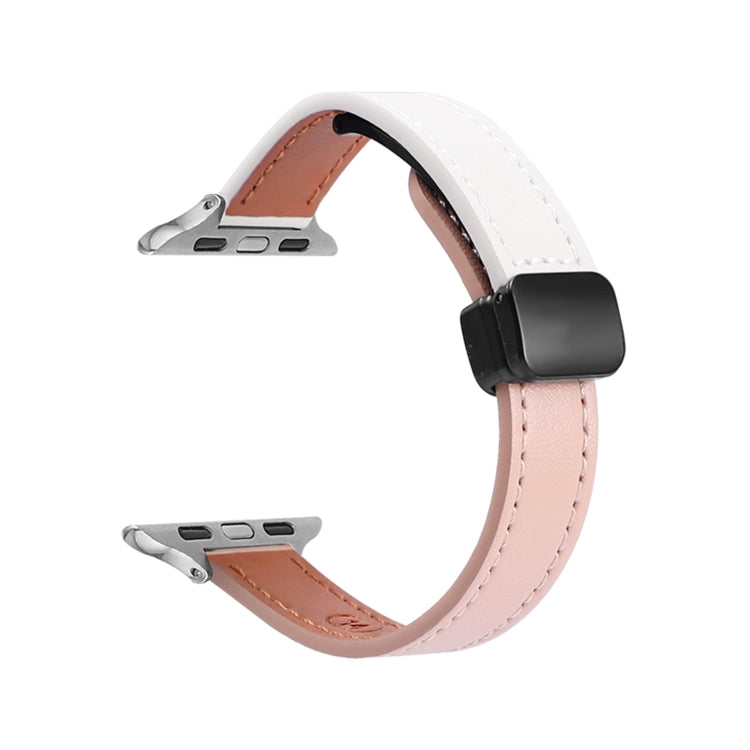 For Apple Watch Series 8 45mm Slim Magnetic Buckle Genuine Leather Watch Band(Plain Beige Pink) - Watch Bands by PMC Jewellery | Online Shopping South Africa | PMC Jewellery