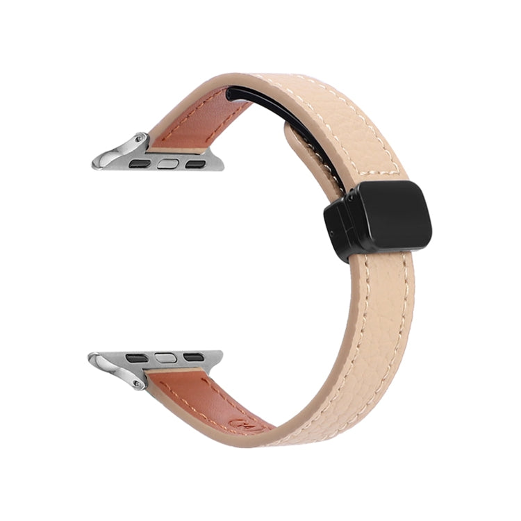 For Apple Watch SE 2022 40mm Slim Magnetic Buckle Genuine Leather Watch Band(Litchi Apricot) - Watch Bands by PMC Jewellery | Online Shopping South Africa | PMC Jewellery