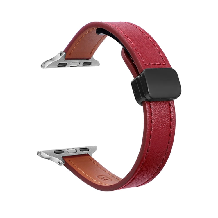 For Apple Watch SE 2022 44mm Slim Magnetic Buckle Genuine Leather Watch Band(Plain Wine Red) - Watch Bands by PMC Jewellery | Online Shopping South Africa | PMC Jewellery