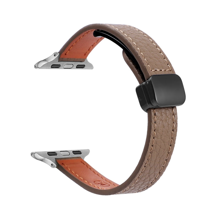 For Apple Watch Series 7 45mm Slim Magnetic Buckle Genuine Leather Watch Band(Litchi Coffee) - Watch Bands by PMC Jewellery | Online Shopping South Africa | PMC Jewellery