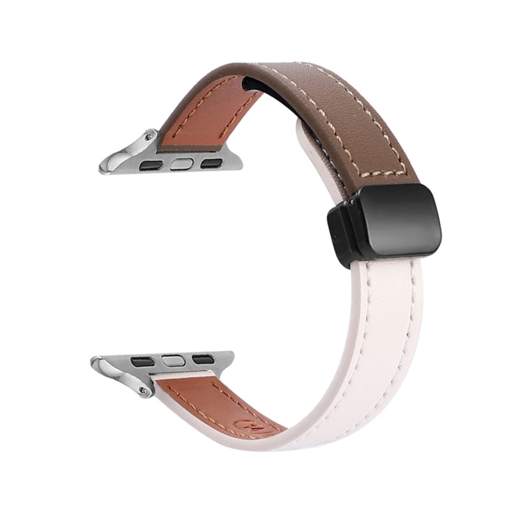 For Apple Watch Series 5 44mm Slim Magnetic Buckle Genuine Leather Watch Band(Plain Beige Coffee) - Watch Bands by PMC Jewellery | Online Shopping South Africa | PMC Jewellery