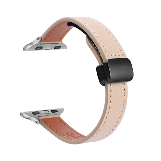 For Apple Watch Series 3 38mm Slim Magnetic Buckle Genuine Leather Watch Band(Plain Apricot) - Watch Bands by PMC Jewellery | Online Shopping South Africa | PMC Jewellery