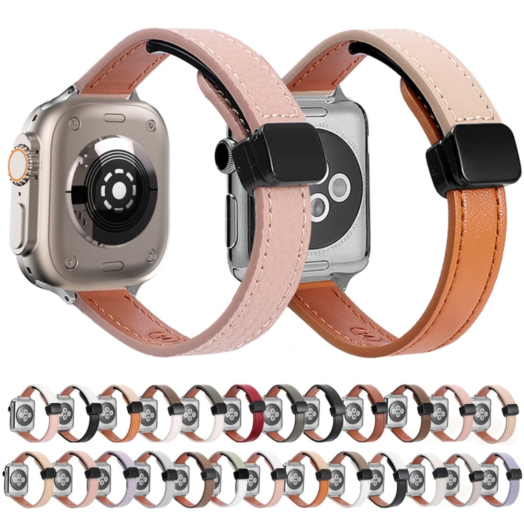 For Apple Watch SE 2022 44mm Slim Magnetic Buckle Genuine Leather Watch Band(Litchi Pink) - Watch Bands by PMC Jewellery | Online Shopping South Africa | PMC Jewellery