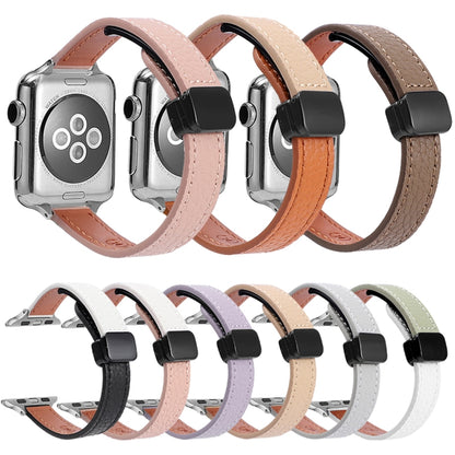 For Apple Watch 38mm Slim Magnetic Buckle Genuine Leather Watch Band(Plain Coffee) - Watch Bands by PMC Jewellery | Online Shopping South Africa | PMC Jewellery