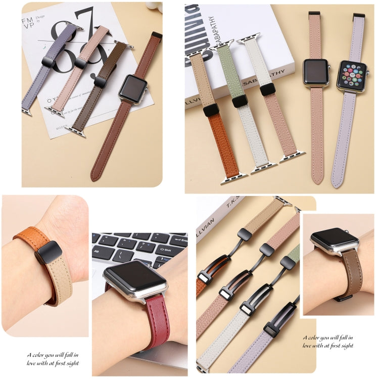 For Apple Watch Series 2 38mm Slim Magnetic Buckle Genuine Leather Watch Band(Litchi Pink Beige) - Watch Bands by PMC Jewellery | Online Shopping South Africa | PMC Jewellery