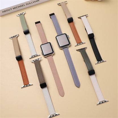 For Apple Watch Ultra 2 49mm Slim Magnetic Buckle Genuine Leather Watch Band(Plain Apricot) - Watch Bands by PMC Jewellery | Online Shopping South Africa | PMC Jewellery