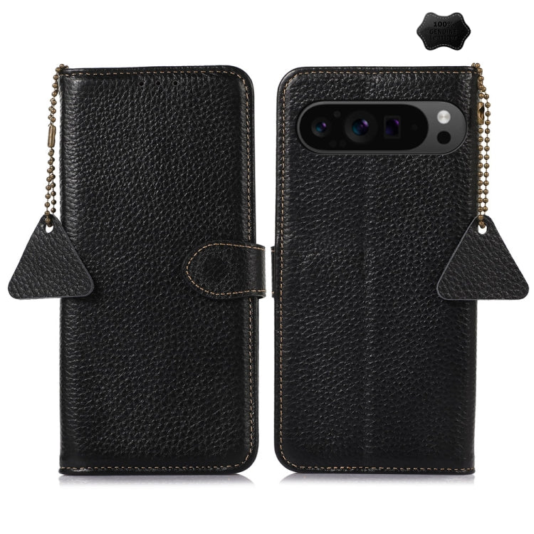 For Google Pixel 9 Pro Genuine Leather Litchi Texture RFID Leather Phone Case(Black) - Google Cases by PMC Jewellery | Online Shopping South Africa | PMC Jewellery | Buy Now Pay Later Mobicred