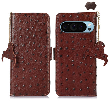 For Google Pixel 9 Ostrich Pattern Genuine Leather RFID Phone Case(Coffee) - Google Cases by PMC Jewellery | Online Shopping South Africa | PMC Jewellery | Buy Now Pay Later Mobicred