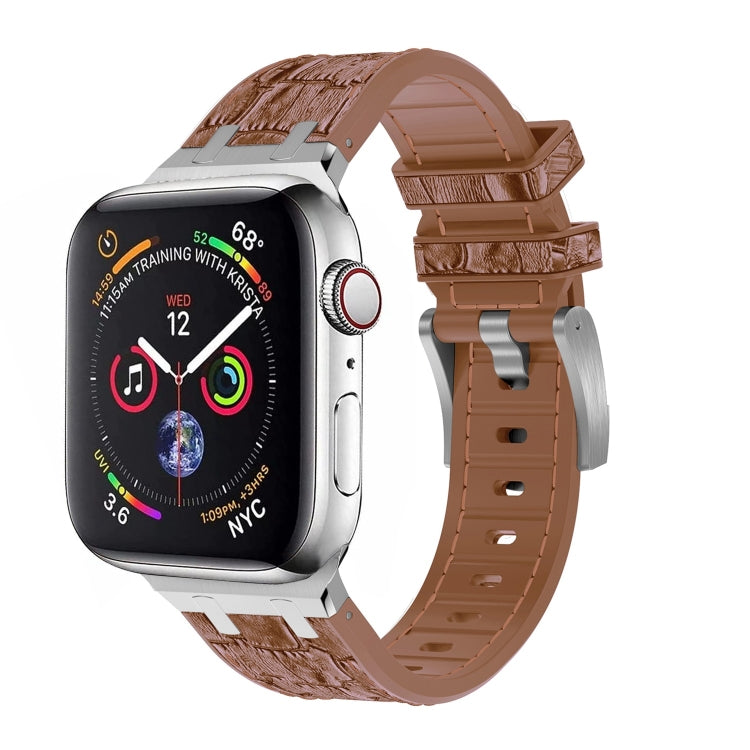 For Apple Watch Series 9 41mm Crocodile Texture Liquid Silicone Watch Band(Silver Yellow Brown) - Watch Bands by PMC Jewellery | Online Shopping South Africa | PMC Jewellery