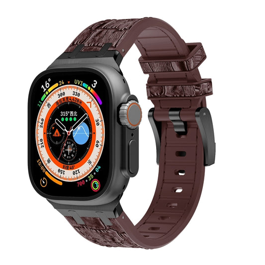 For Apple Watch Ultra 49mm Crocodile Texture Liquid Silicone Watch Band(Black Dark Brown) - Watch Bands by PMC Jewellery | Online Shopping South Africa | PMC Jewellery