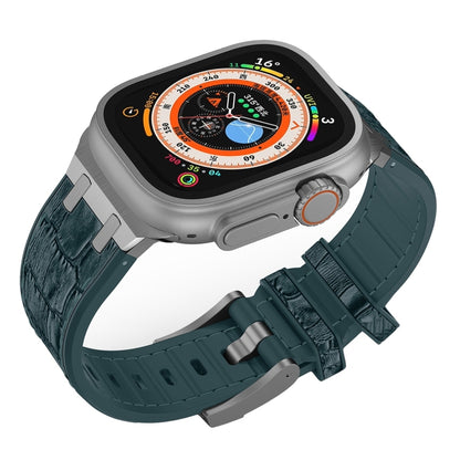 For Apple Watch Ultra 49mm Crocodile Texture Liquid Silicone Watch Band(Silver Deep Green) - Watch Bands by PMC Jewellery | Online Shopping South Africa | PMC Jewellery