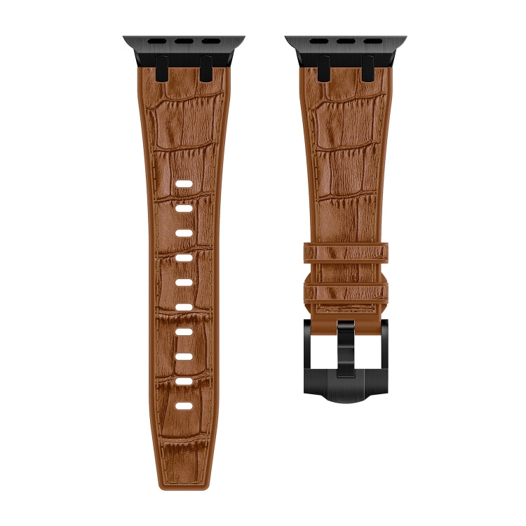 For Apple Watch Series 8 45mm Crocodile Texture Liquid Silicone Watch Band(Black Yellow Brown) - Watch Bands by PMC Jewellery | Online Shopping South Africa | PMC Jewellery