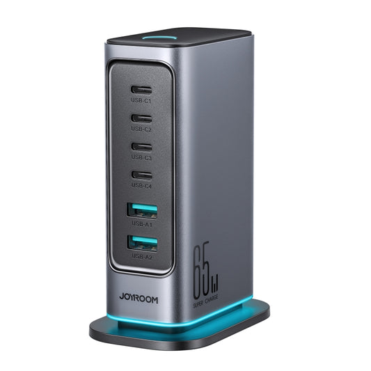 JOYROOM JR-TCM02 6 in 1 65W GaN 4 USB-C & 2 USB-A Multi-port Charger, Power Plug:UK Plug(Dark Gray) - Multifunction Charger by JOYROOM | Online Shopping South Africa | PMC Jewellery | Buy Now Pay Later Mobicred