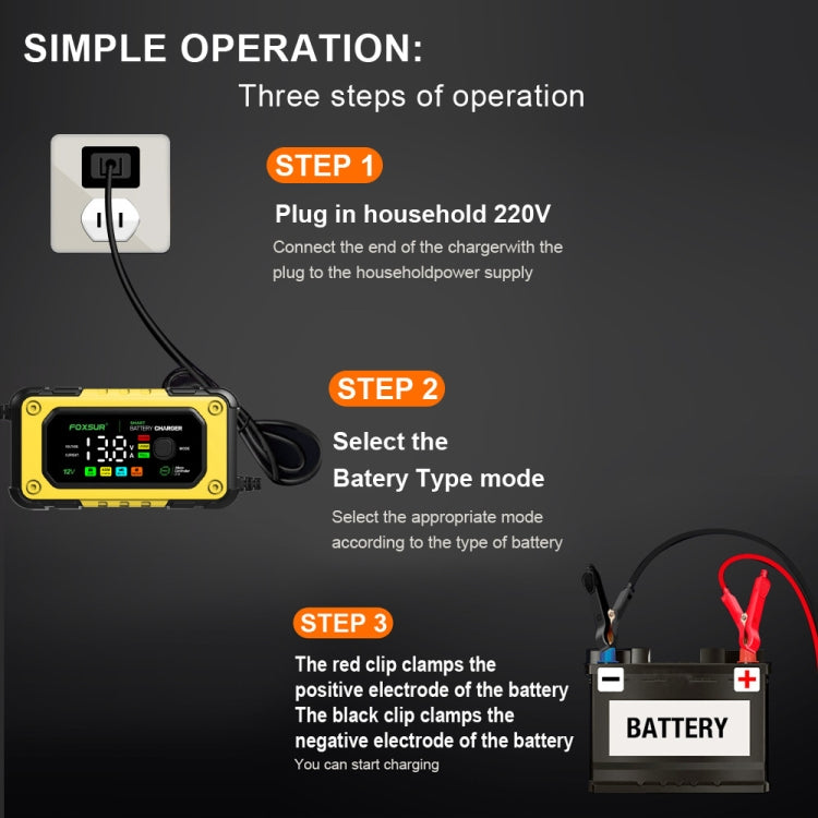 FOXSUR 7A 12V Car / Motorcycle Smart Battery Charger, Plug Type:UK Plug(Yellow) - Battery Charger by FOXSUR | Online Shopping South Africa | PMC Jewellery | Buy Now Pay Later Mobicred