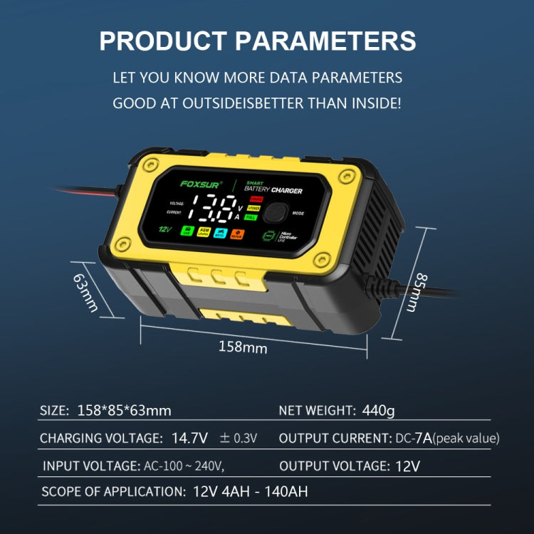 FOXSUR 7A 12V Car / Motorcycle Smart Battery Charger, Plug Type:UK Plug(Yellow) - Battery Charger by FOXSUR | Online Shopping South Africa | PMC Jewellery | Buy Now Pay Later Mobicred