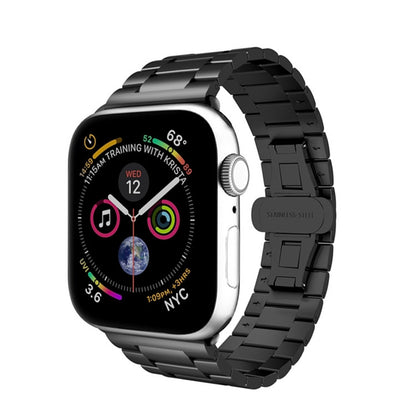 For Apple Watch Series 3 38mm Three-bead Butterfly Buckle Metal Watch Band(Black) - Watch Bands by PMC Jewellery | Online Shopping South Africa | PMC Jewellery