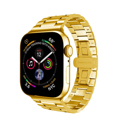 For Apple Watch Series 3 38mm Three-bead Butterfly Buckle Metal Watch Band(Gold) - Watch Bands by PMC Jewellery | Online Shopping South Africa | PMC Jewellery